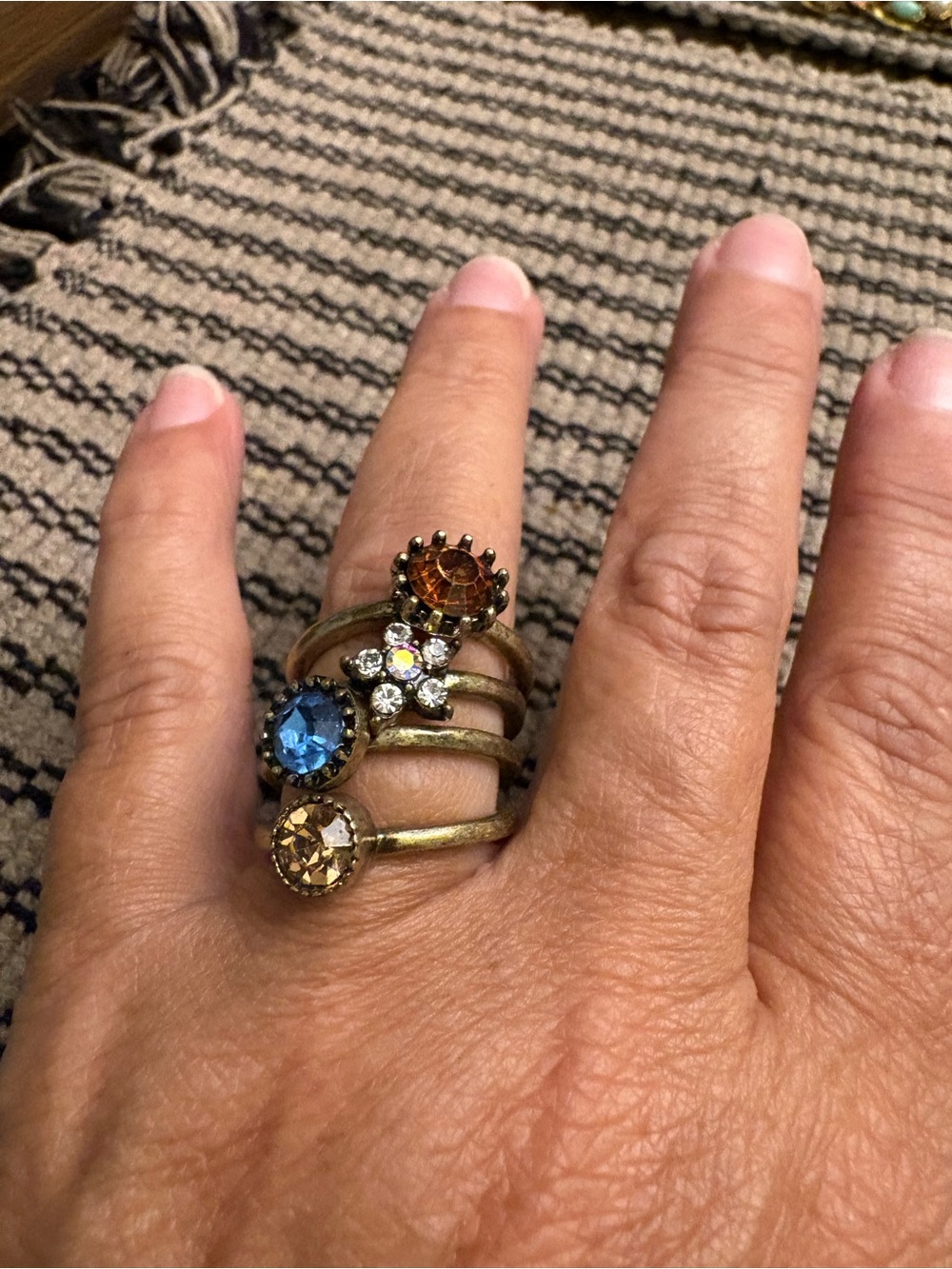Vintage-Inspired Multi-Stone Stacked Ring with Blue, Amber & Crystal Accents